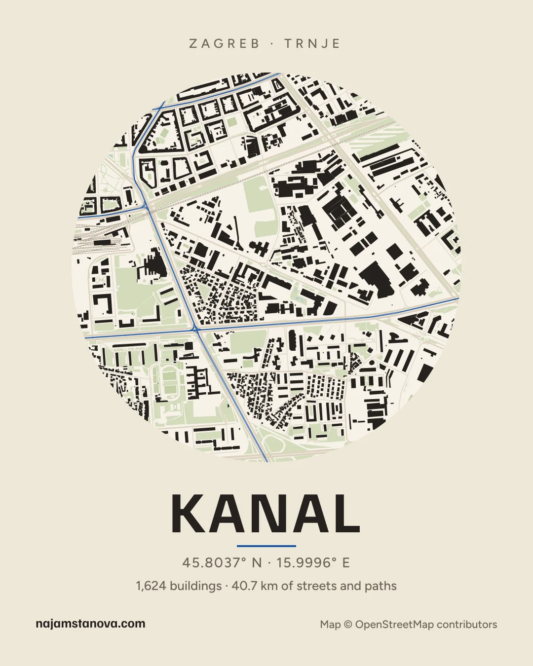 Map of Kanal in the “Paper” style: buildings, streets, parks and water within 900 m