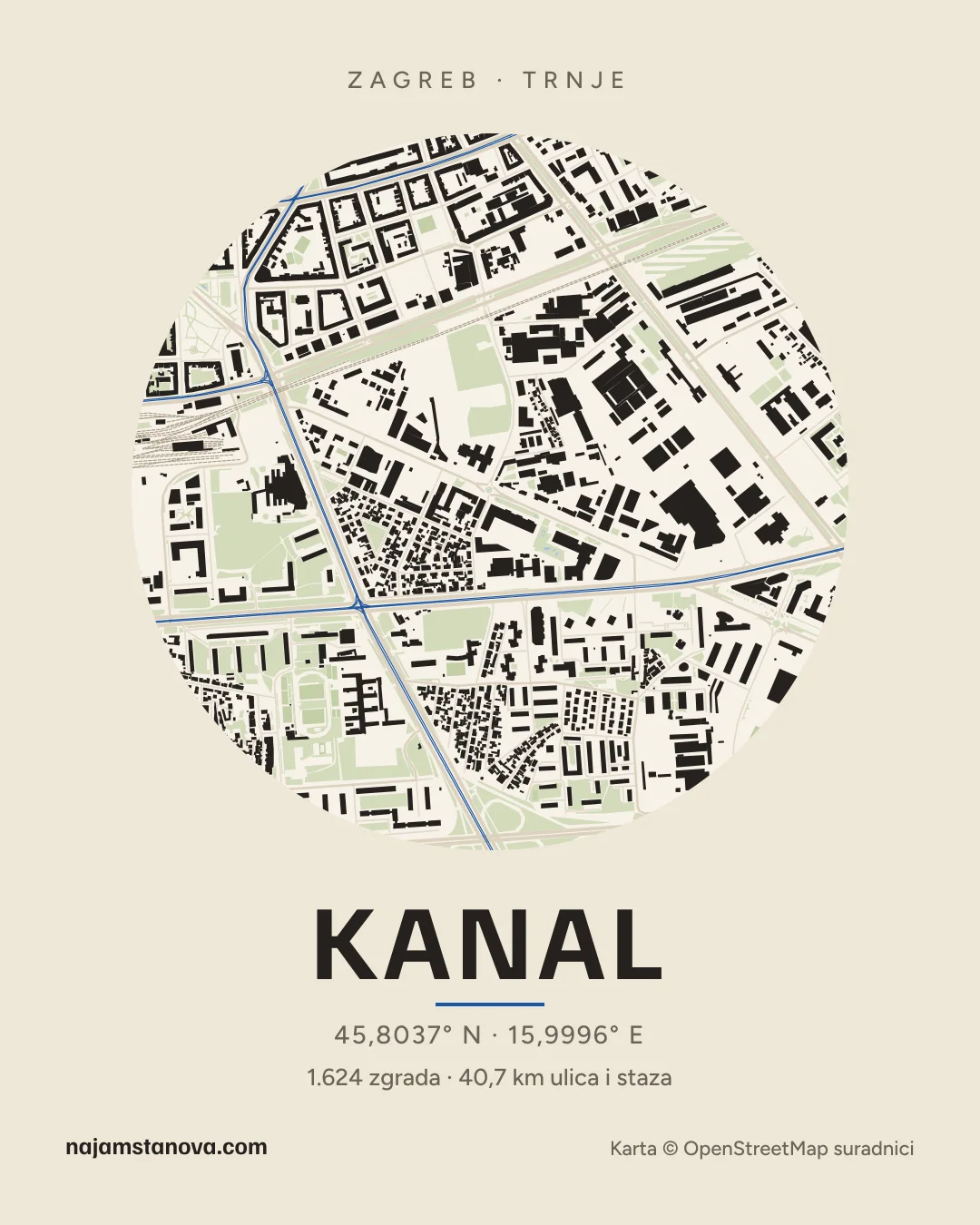 Karta kvarta Kanal u stilu „Papir”: zgrade, ulice, parkovi i vode u krugu od 900 m