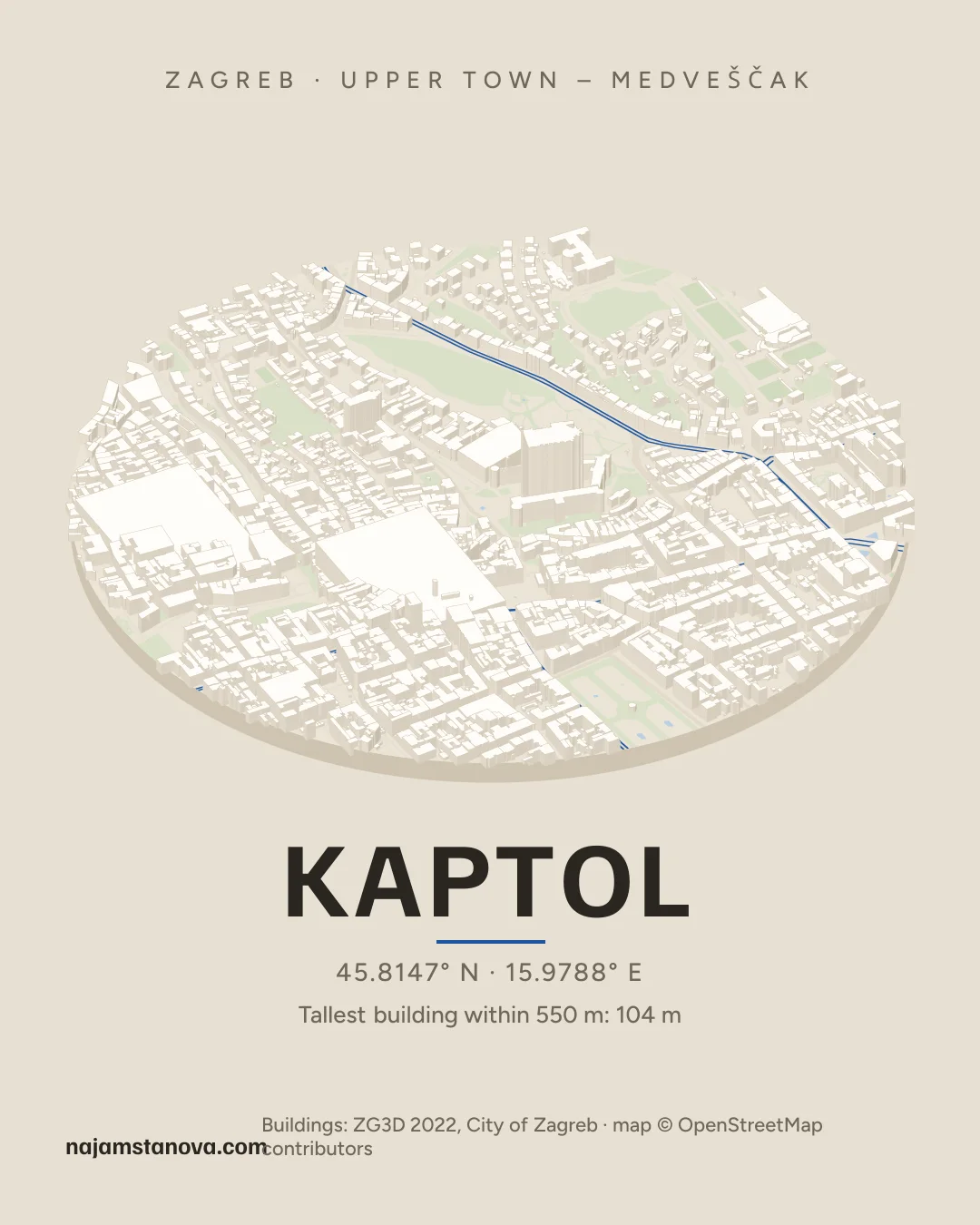 Map of Kaptol in the “Drone” style: buildings, streets, parks and water within 900 m