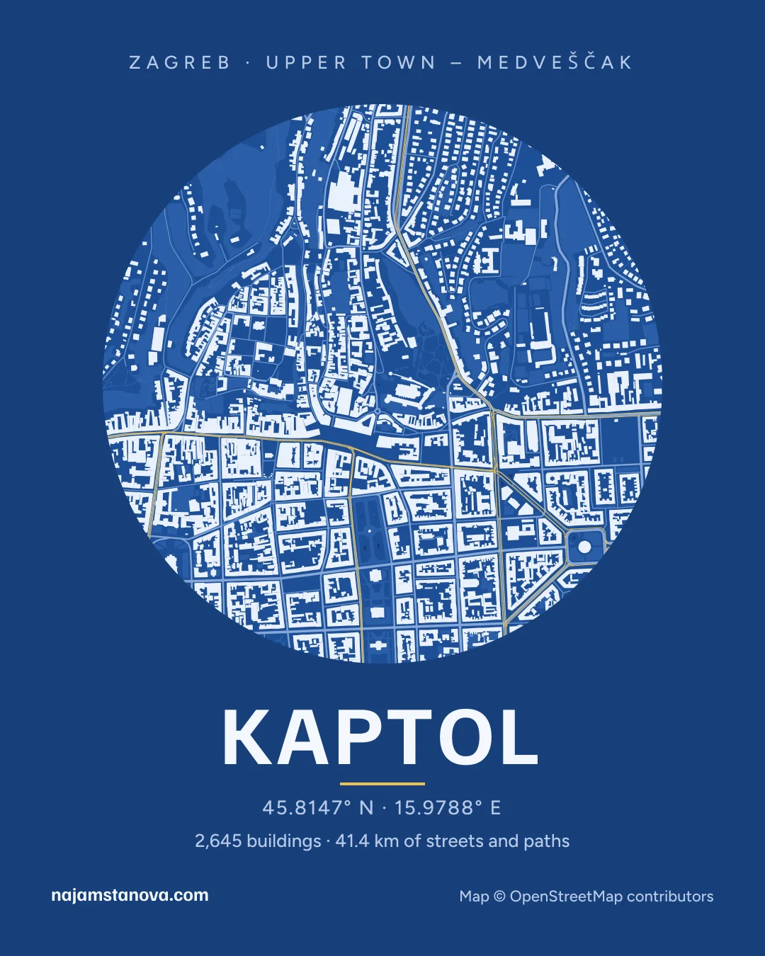 Map of Kaptol in the “Blueprint” style: buildings, streets, parks and water within 900 m