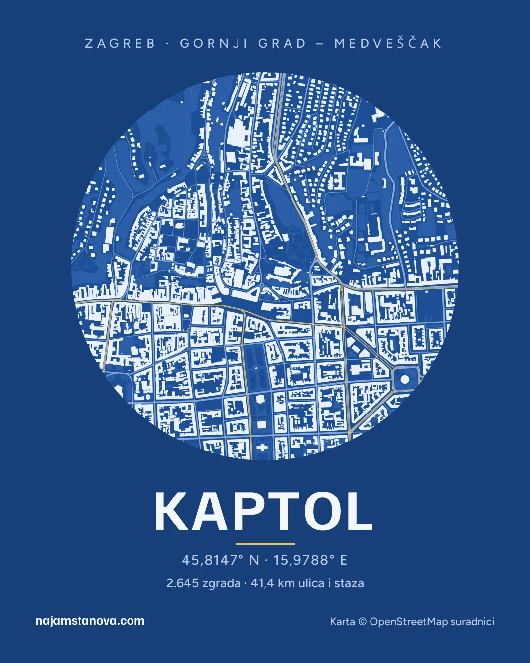 Karta kvarta Kaptol u stilu „Nacrt”: zgrade, ulice, parkovi i vode u krugu od 900 m