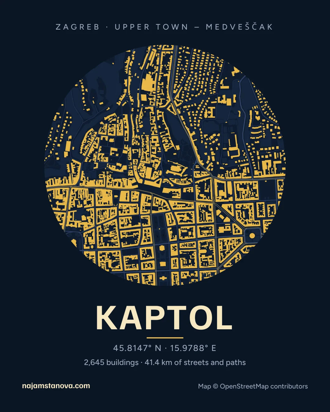 Map of Kaptol in the “Night” style: buildings, streets, parks and water within 900 m