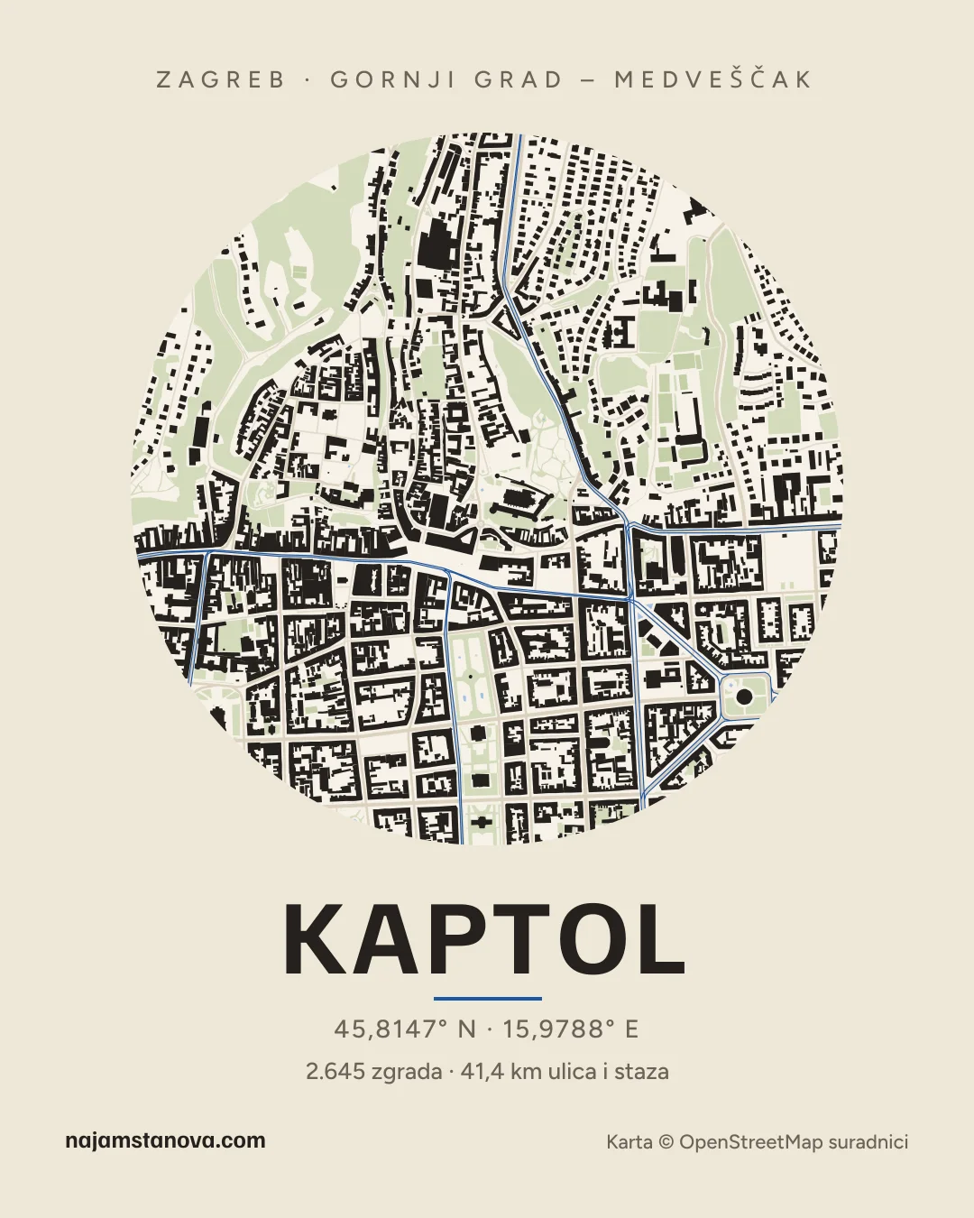 Karta kvarta Kaptol u stilu „Papir”: zgrade, ulice, parkovi i vode u krugu od 900 m