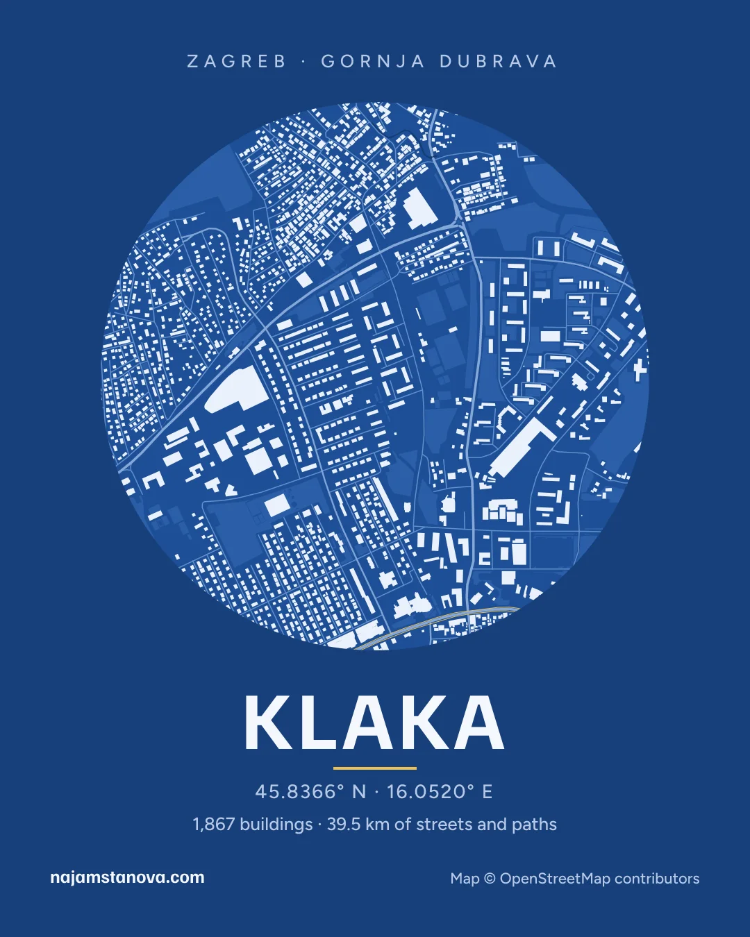 Map of Klaka in the “Blueprint” style: buildings, streets, parks and water within 900 m