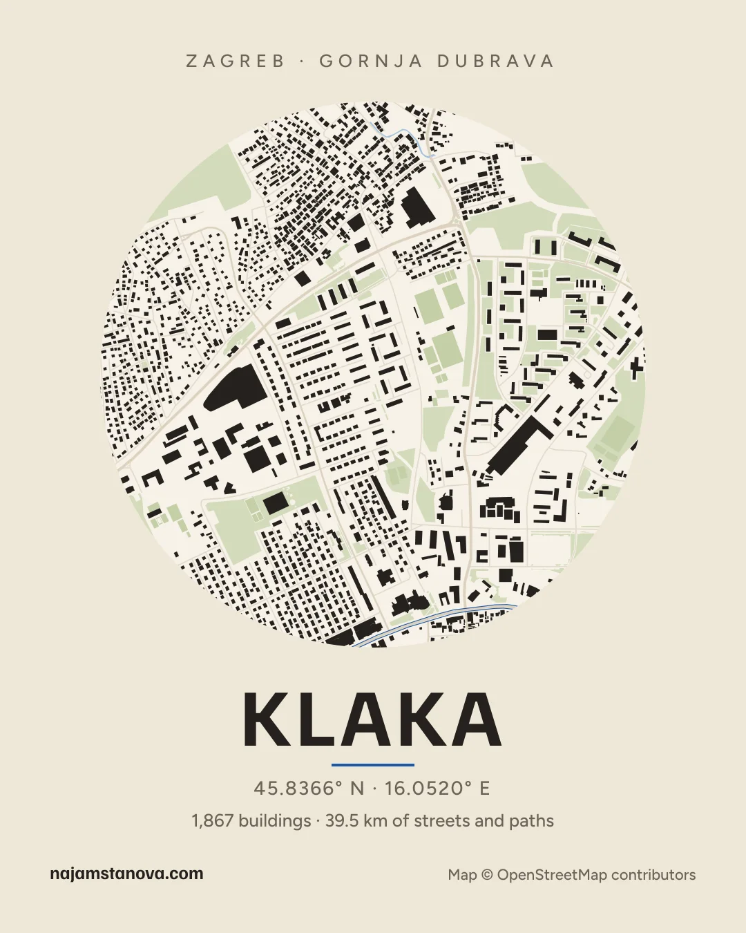 Map of Klaka in the “Paper” style: buildings, streets, parks and water within 900 m
