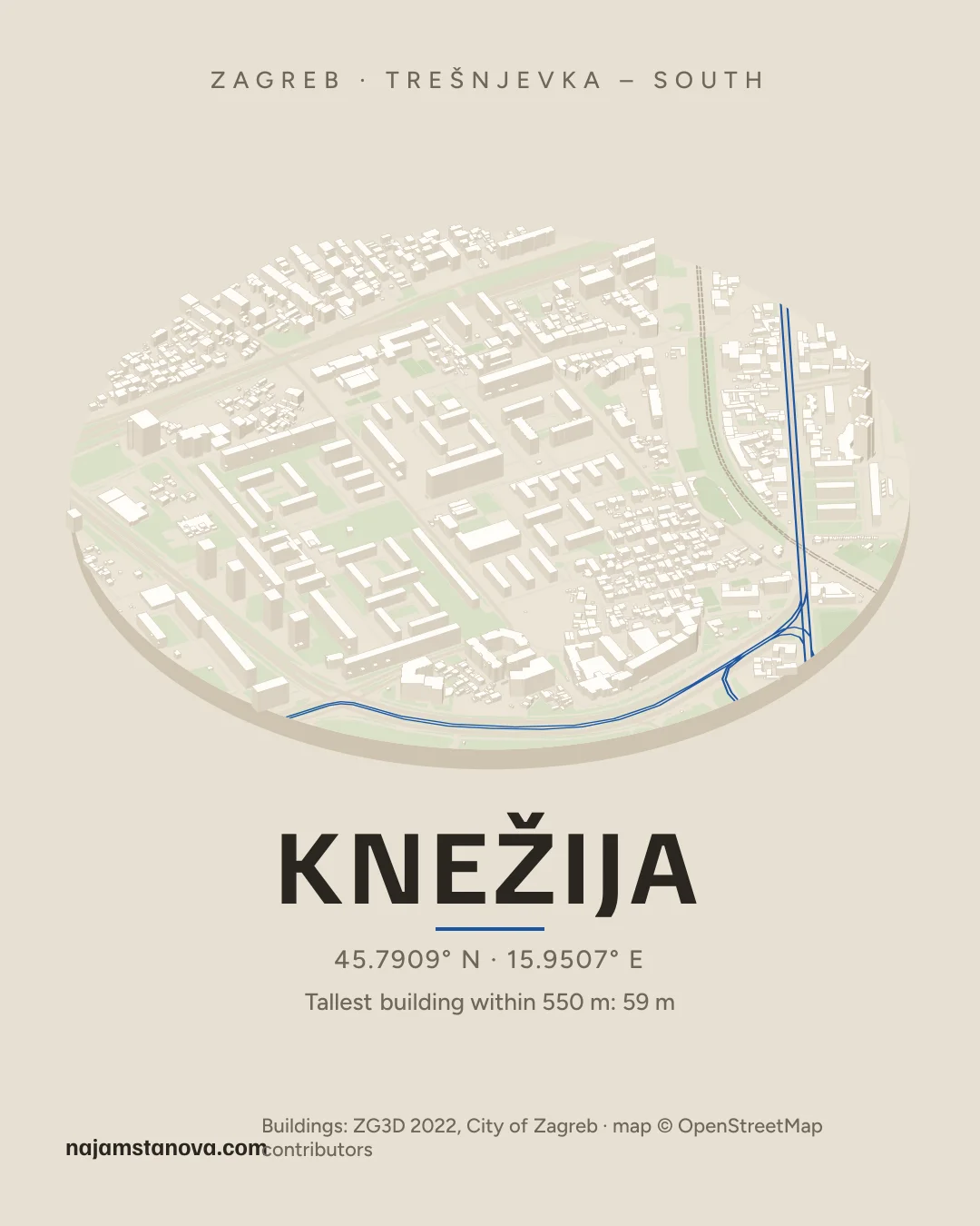 Map of Knežija in the “Drone” style: buildings, streets, parks and water within 900 m