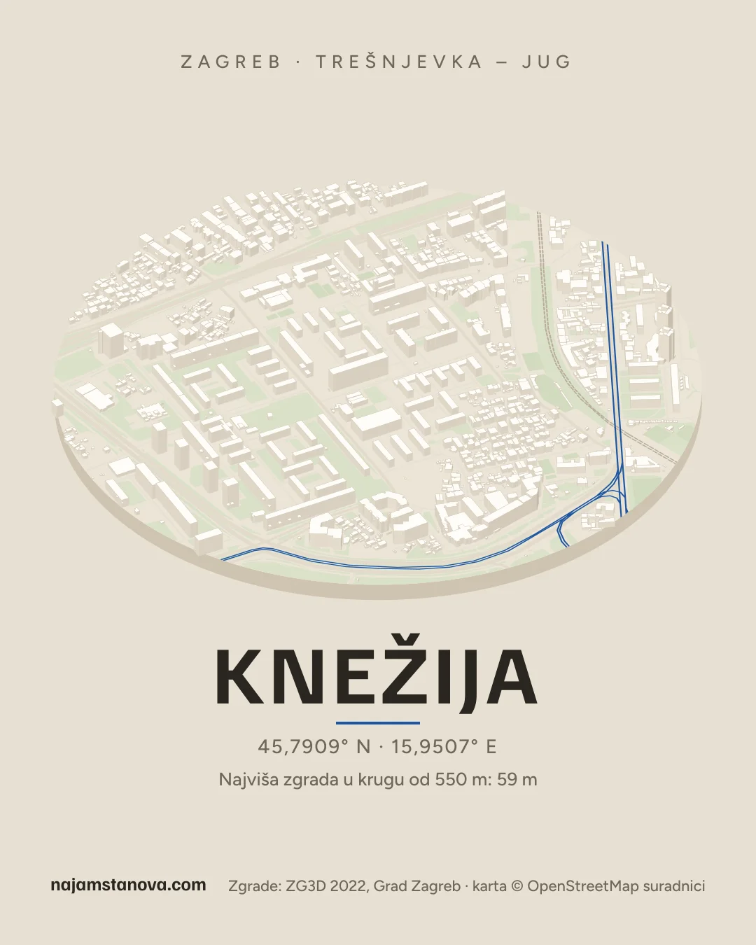 Karta kvarta Knežija u stilu „Dron”: zgrade, ulice, parkovi i vode u krugu od 900 m