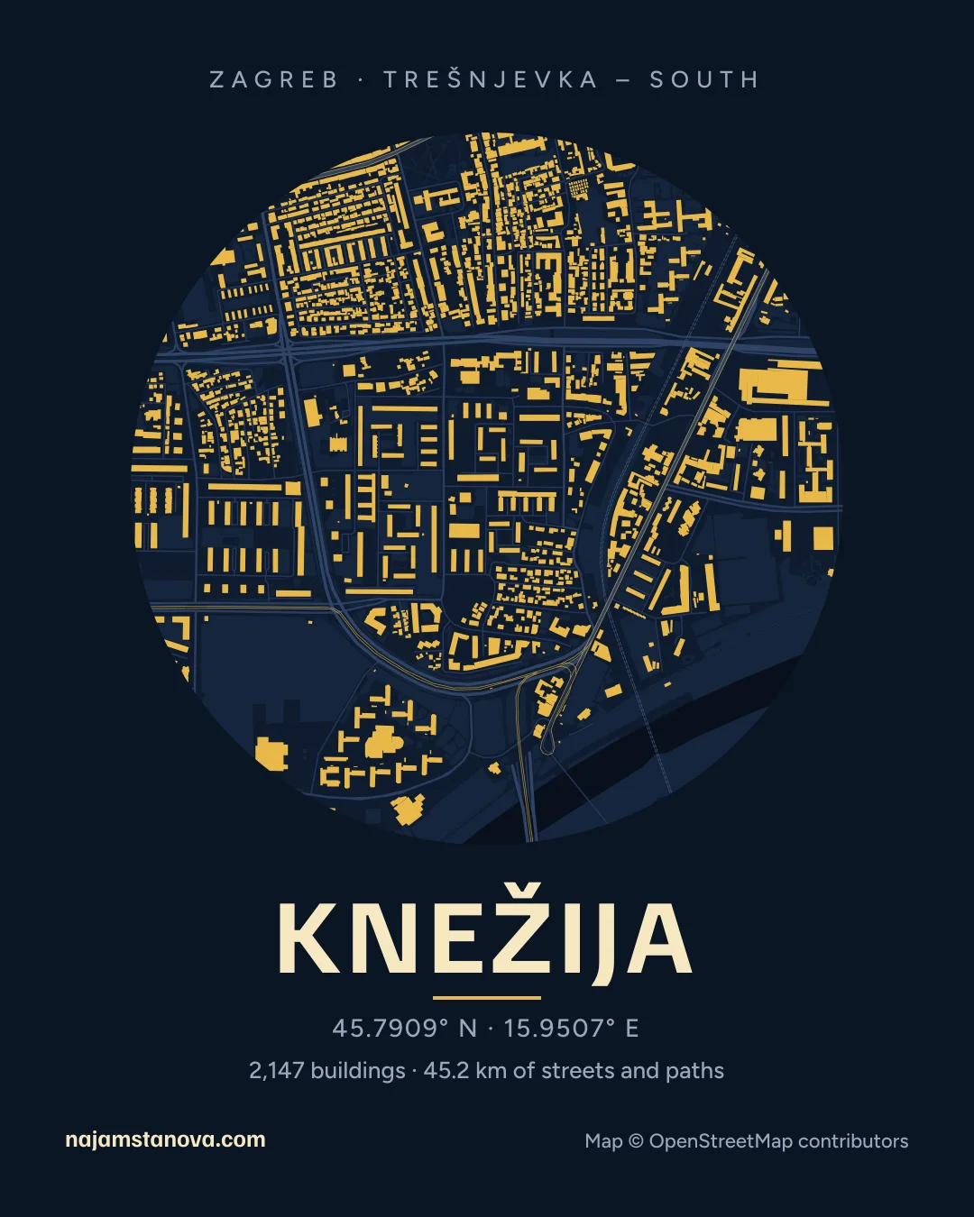 Map of Knežija in the “Night” style: buildings, streets, parks and water within 900 m