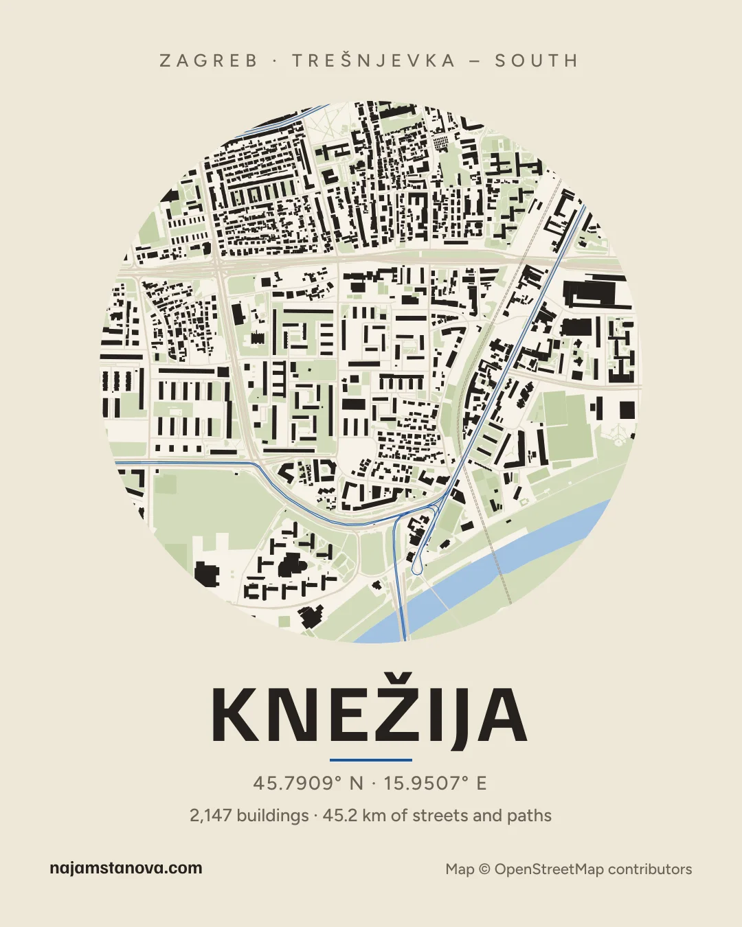 Map of Knežija in the “Paper” style: buildings, streets, parks and water within 900 m