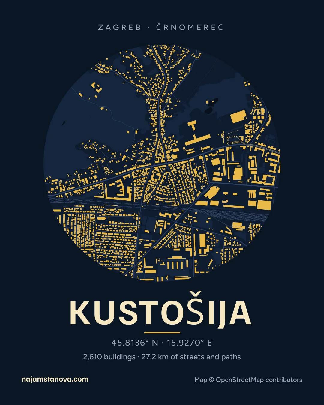 Map of Kustošija in the “Night” style: buildings, streets, parks and water within 900 m