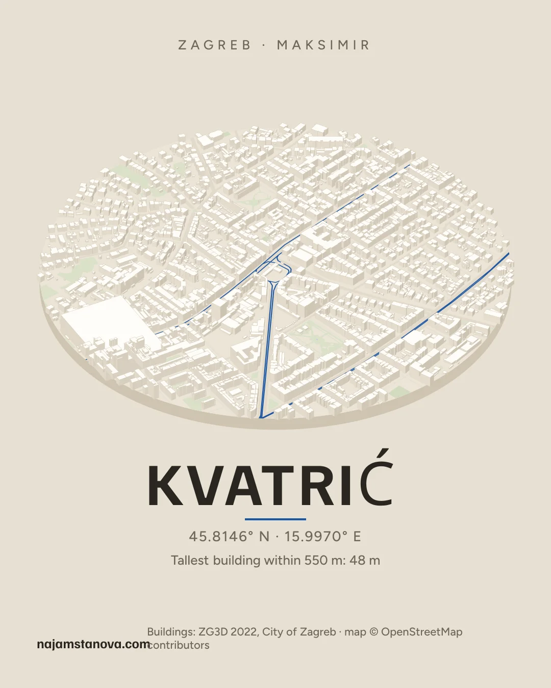 Map of Kvatrić in the “Drone” style: buildings, streets, parks and water within 900 m