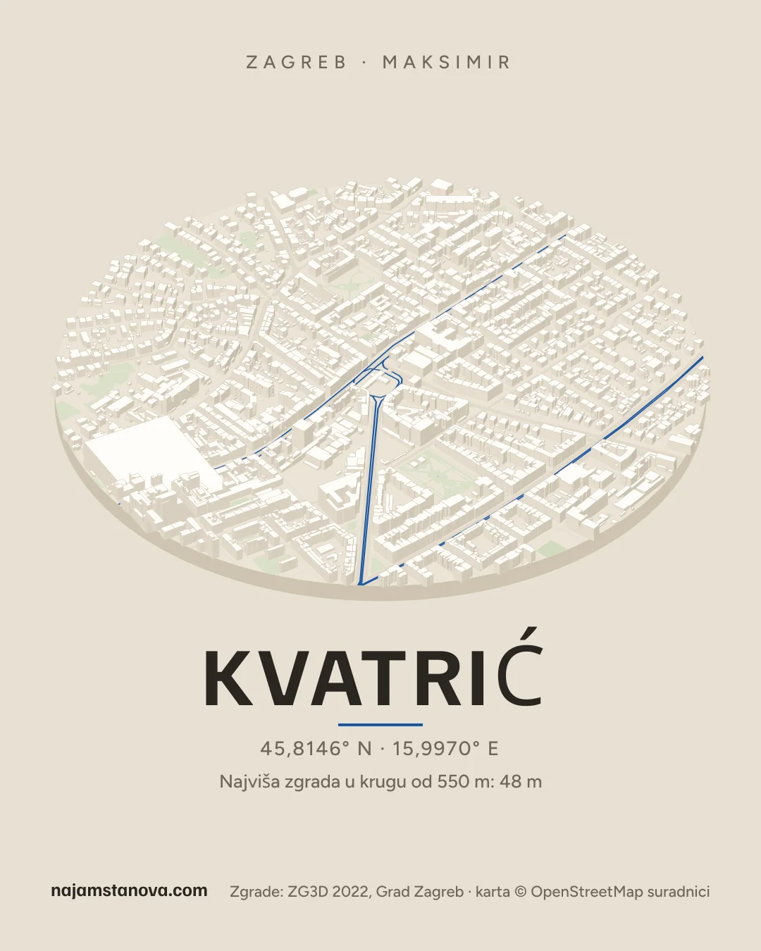 Karta kvarta Kvatrić u stilu „Dron”: zgrade, ulice, parkovi i vode u krugu od 900 m