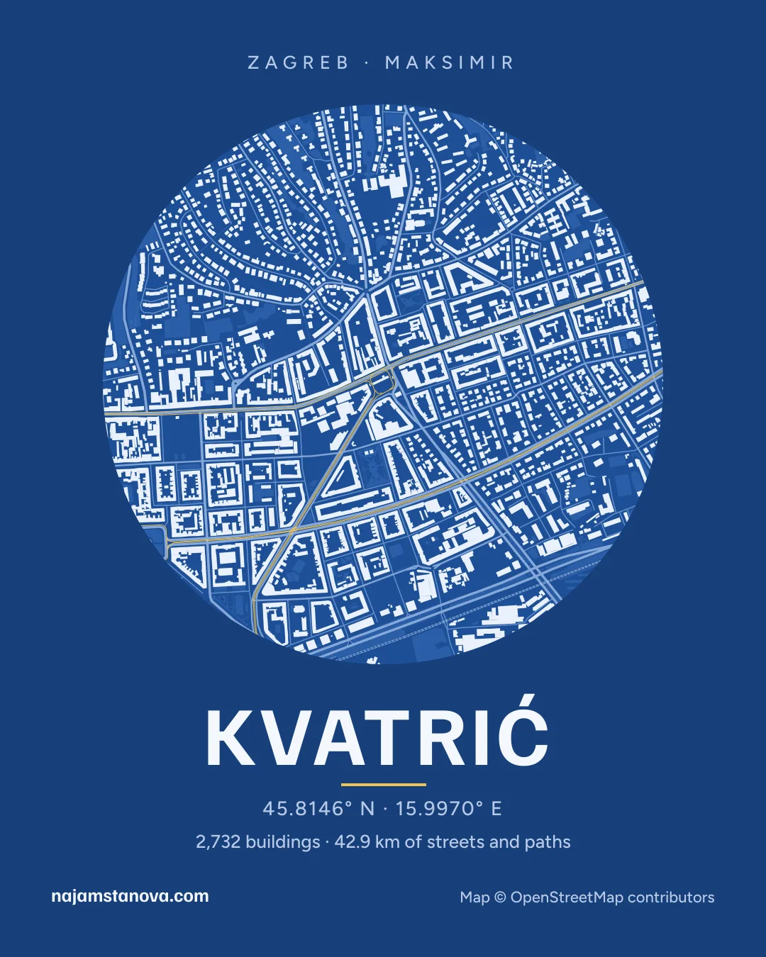 Map of Kvatrić in the “Blueprint” style: buildings, streets, parks and water within 900 m
