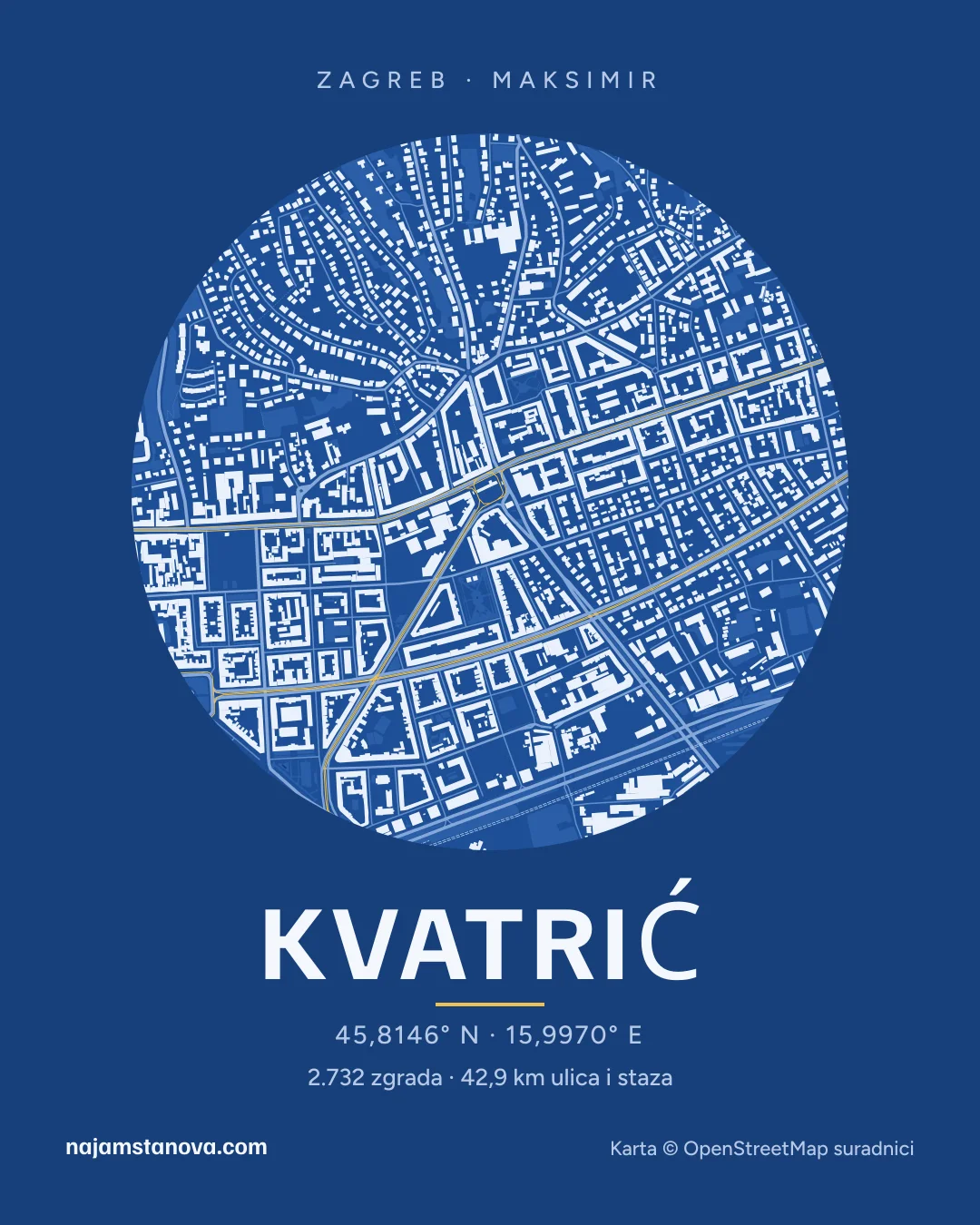 Karta kvarta Kvatrić u stilu „Nacrt”: zgrade, ulice, parkovi i vode u krugu od 900 m