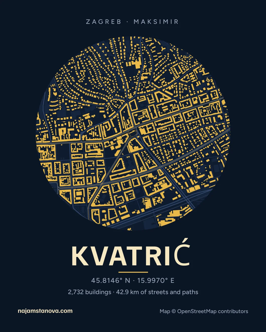Map of Kvatrić in the “Night” style: buildings, streets, parks and water within 900 m