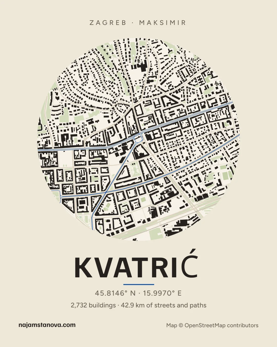 Map of Kvatrić in the “Paper” style: buildings, streets, parks and water within 900 m