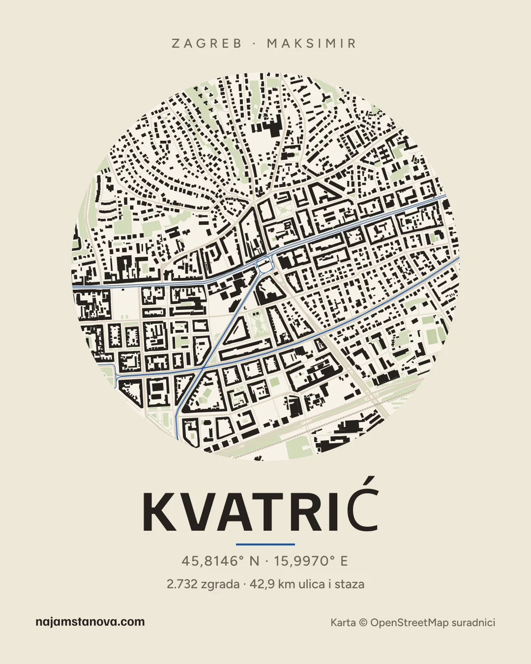 Karta kvarta Kvatrić u stilu „Papir”: zgrade, ulice, parkovi i vode u krugu od 900 m