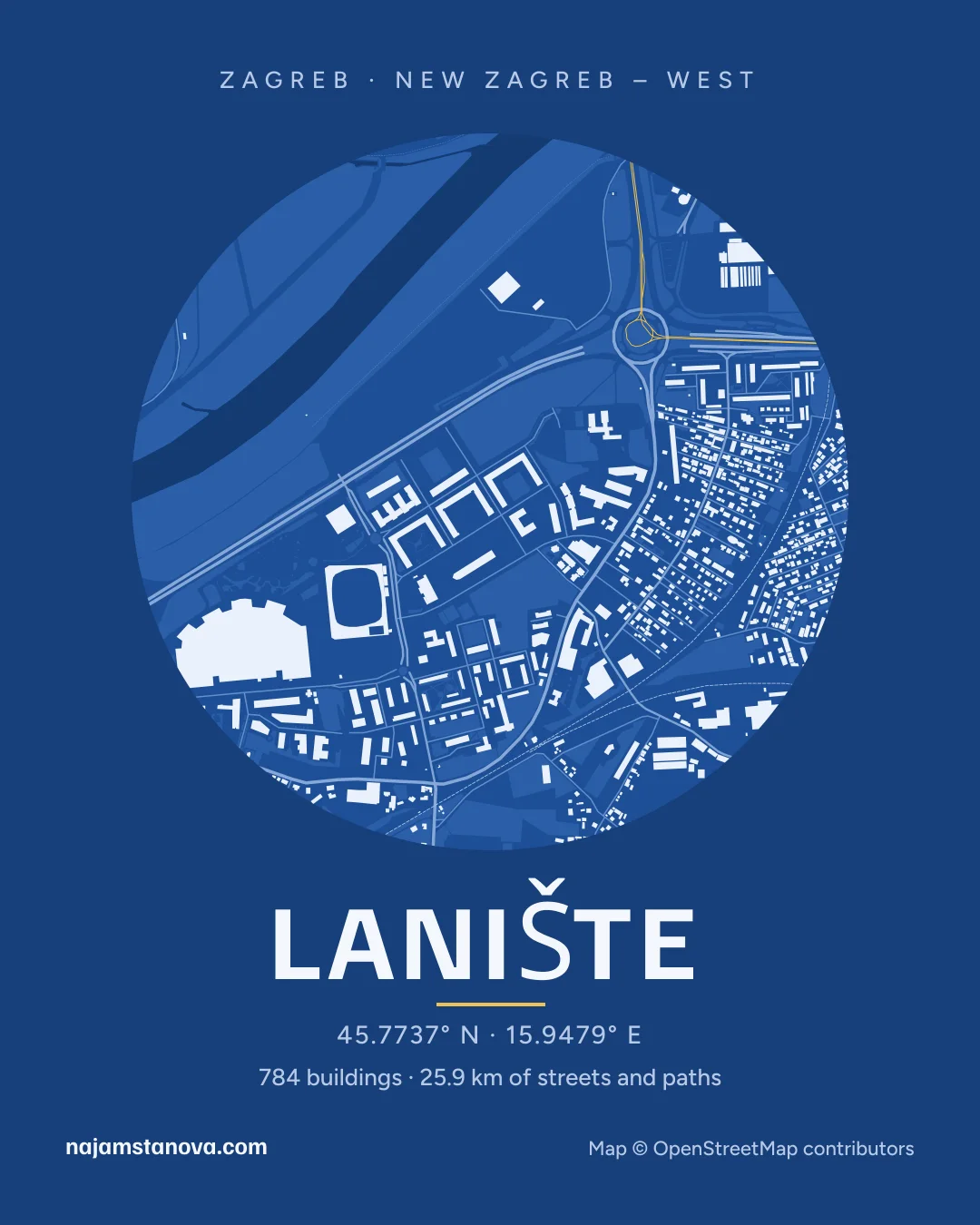 Map of Lanište in the “Blueprint” style: buildings, streets, parks and water within 900 m