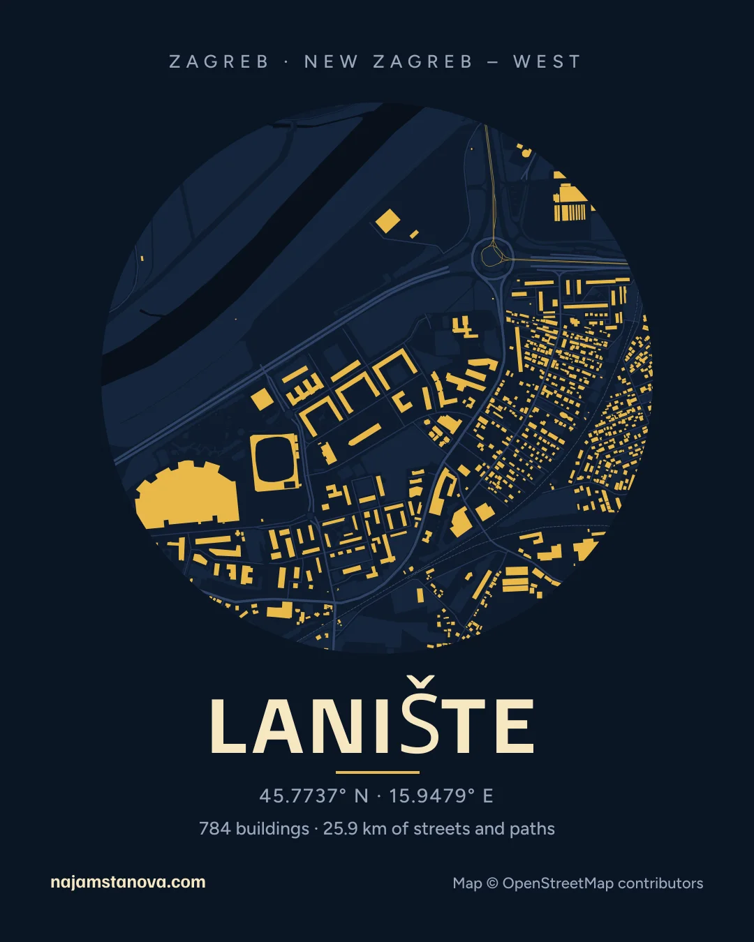 Map of Lanište in the “Night” style: buildings, streets, parks and water within 900 m