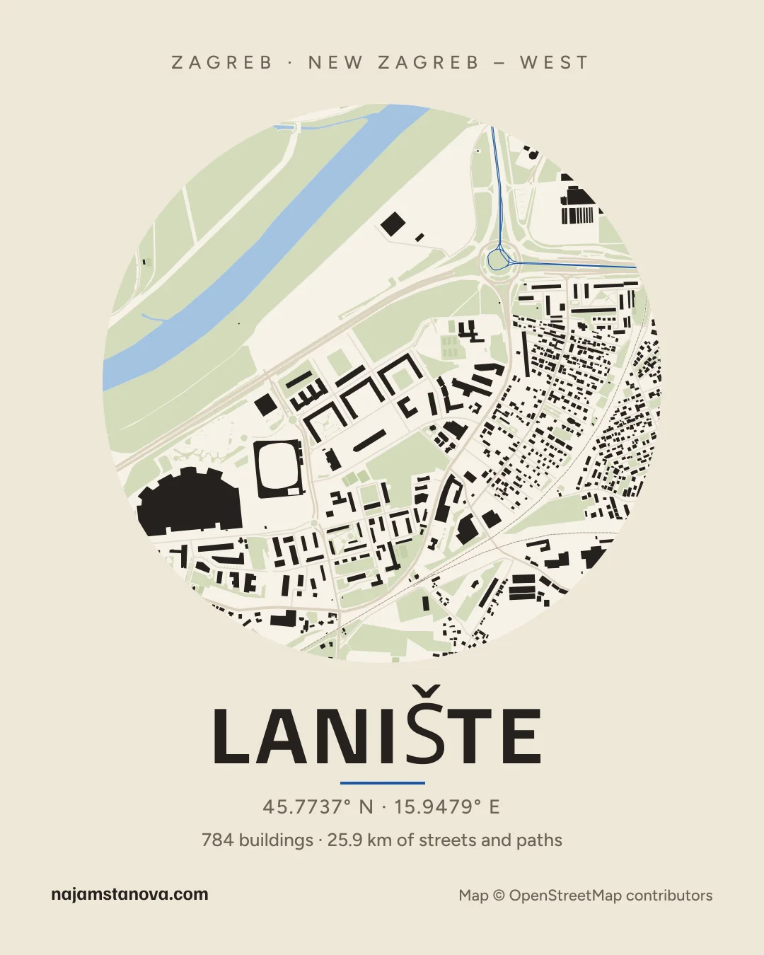Map of Lanište in the “Paper” style: buildings, streets, parks and water within 900 m