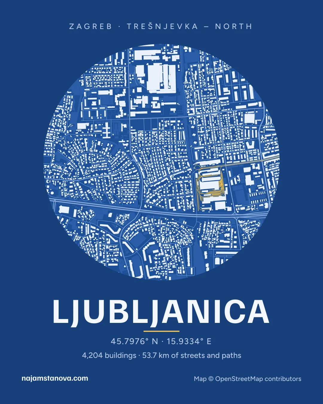 Map of Ljubljanica in the “Blueprint” style: buildings, streets, parks and water within 900 m