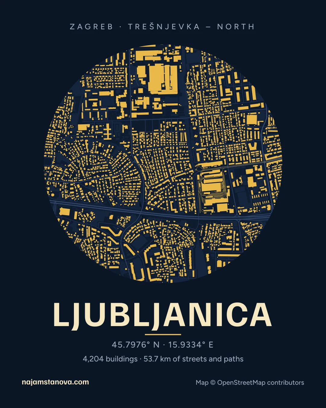 Map of Ljubljanica in the “Night” style: buildings, streets, parks and water within 900 m