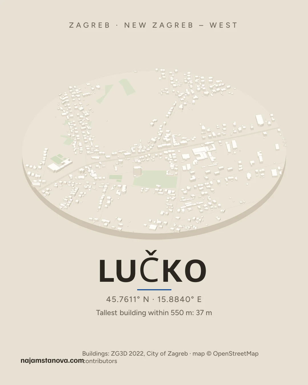 Map of Lučko in the “Drone” style: buildings, streets, parks and water within 900 m