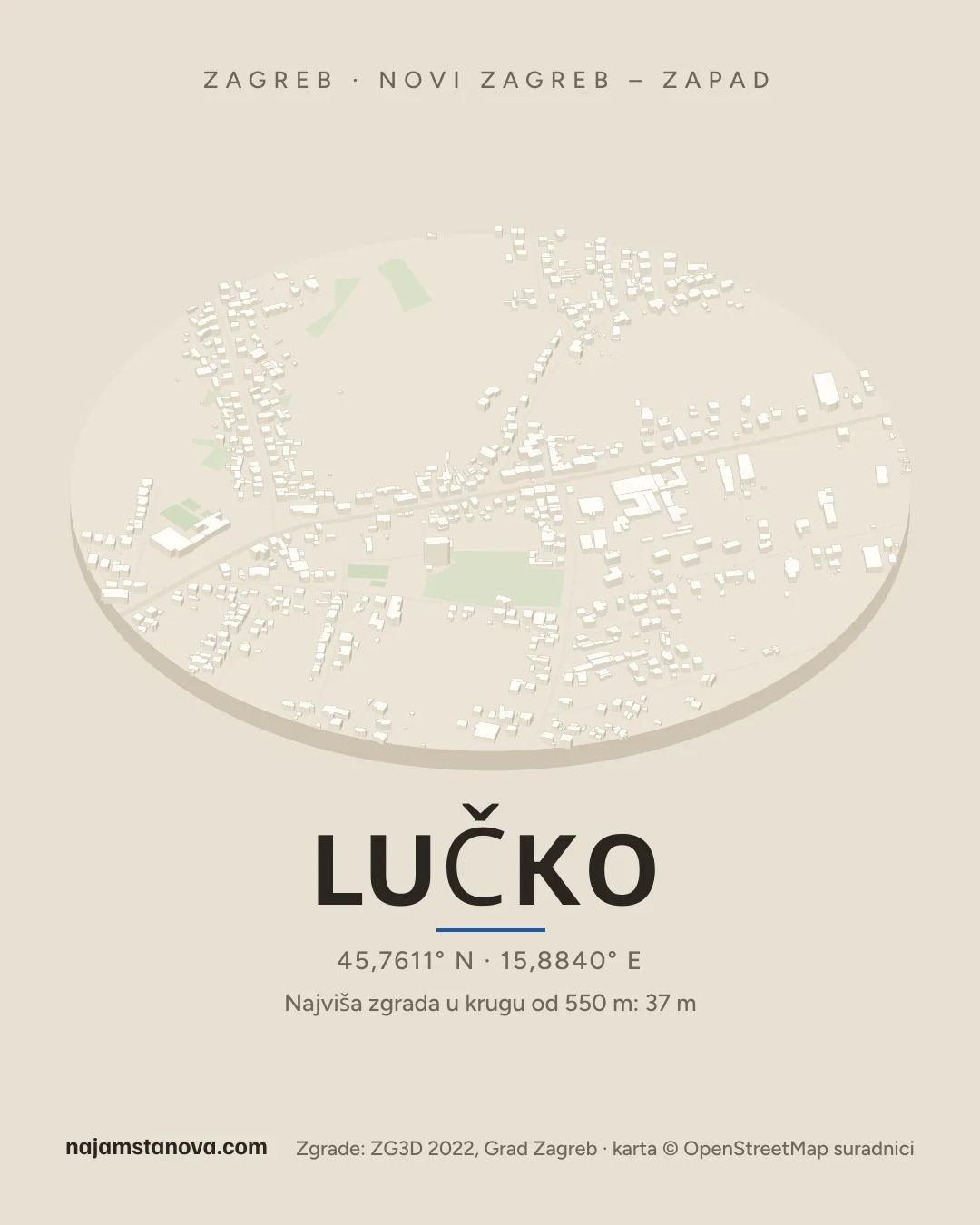 Karta kvarta Lučko u stilu „Dron”: zgrade, ulice, parkovi i vode u krugu od 900 m