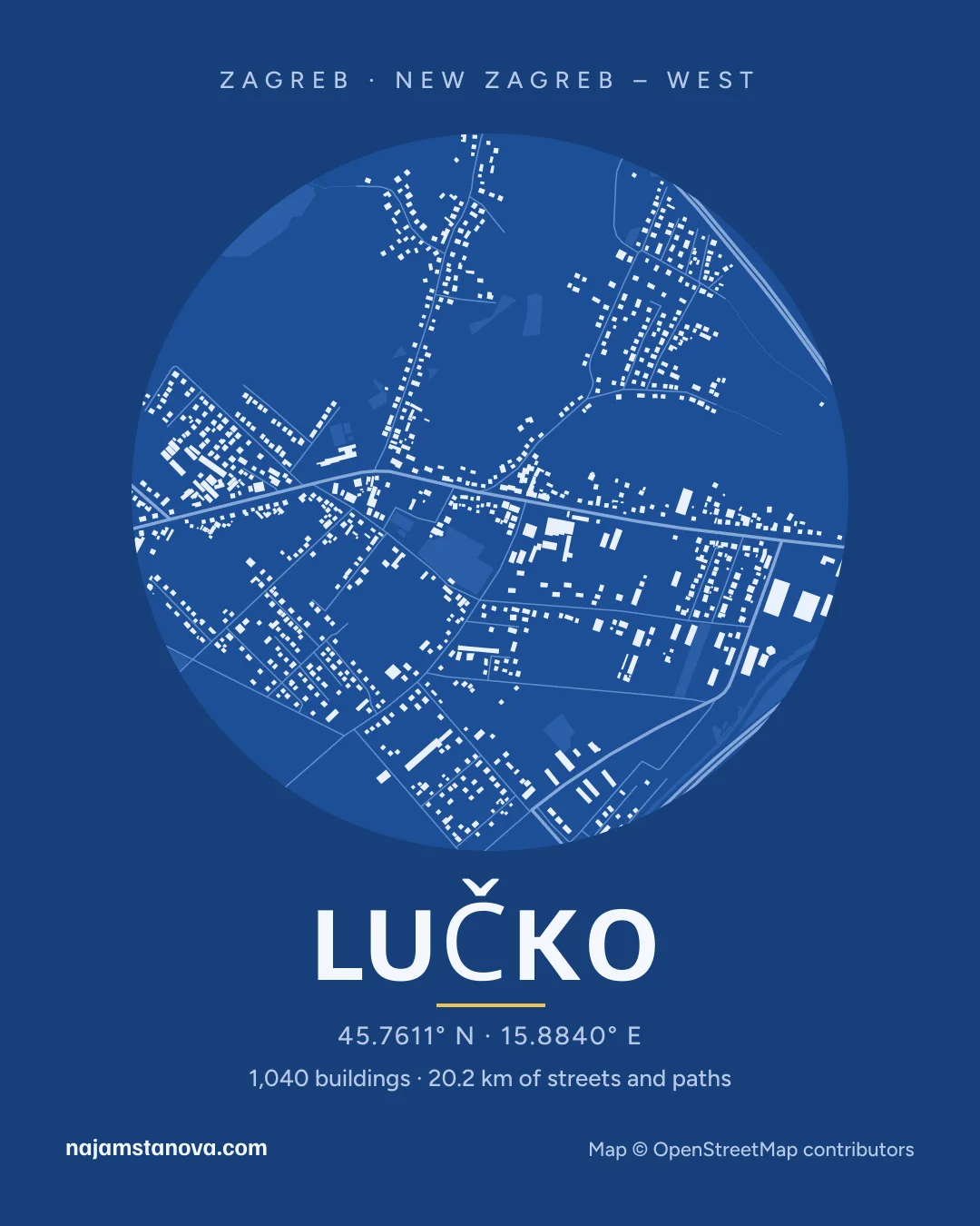 Map of Lučko in the “Blueprint” style: buildings, streets, parks and water within 900 m