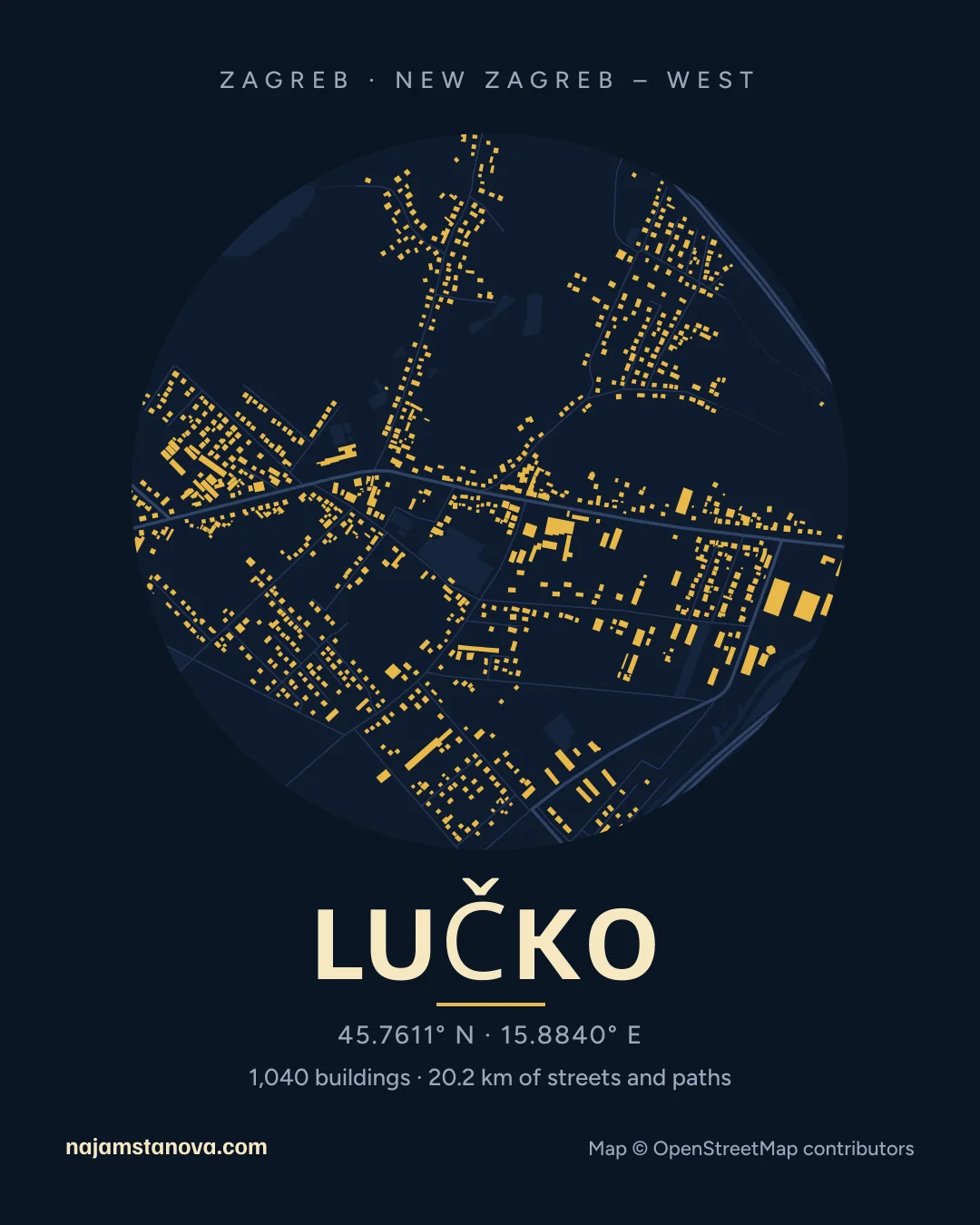 Map of Lučko in the “Night” style: buildings, streets, parks and water within 900 m