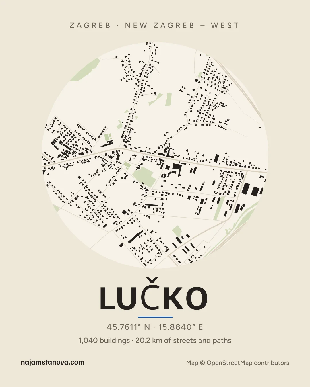 Map of Lučko in the “Paper” style: buildings, streets, parks and water within 900 m