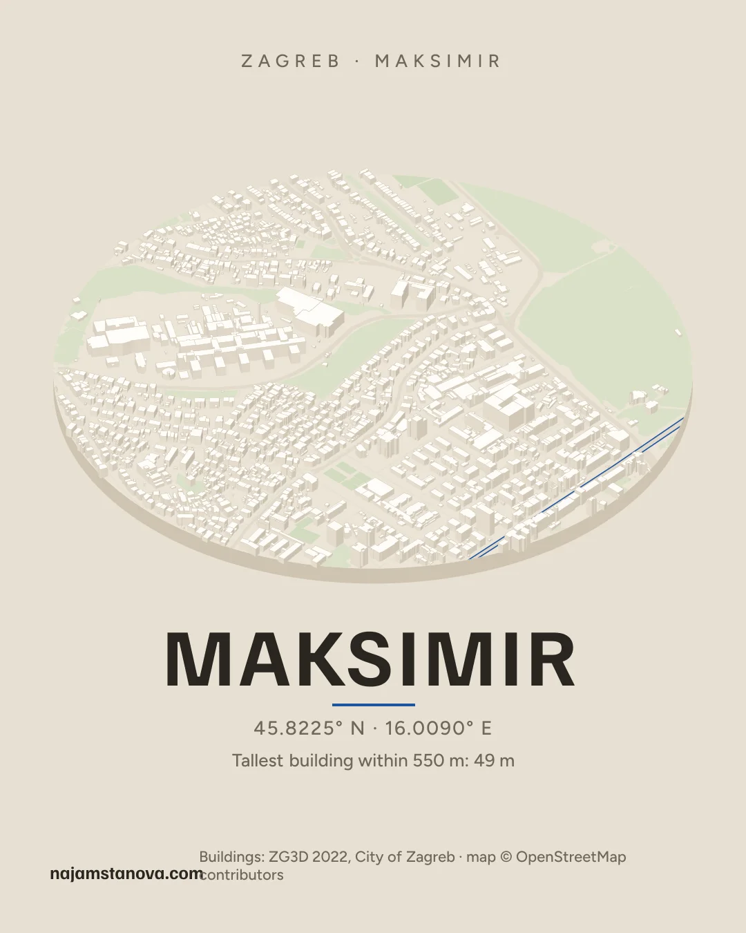 Map of Maksimir in the “Drone” style: buildings, streets, parks and water within 900 m