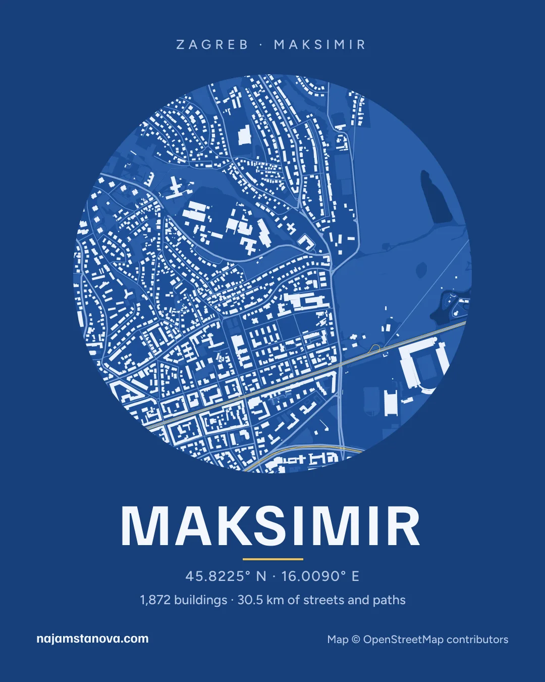 Map of Maksimir in the “Blueprint” style: buildings, streets, parks and water within 900 m