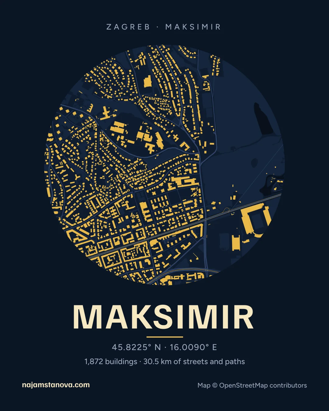 Map of Maksimir in the “Night” style: buildings, streets, parks and water within 900 m
