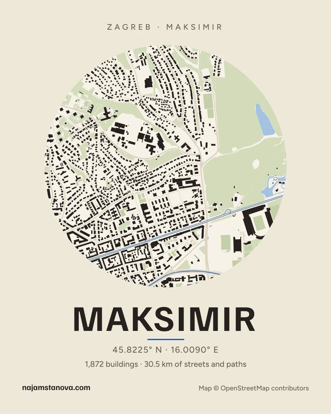 Map of Maksimir in the “Paper” style: buildings, streets, parks and water within 900 m