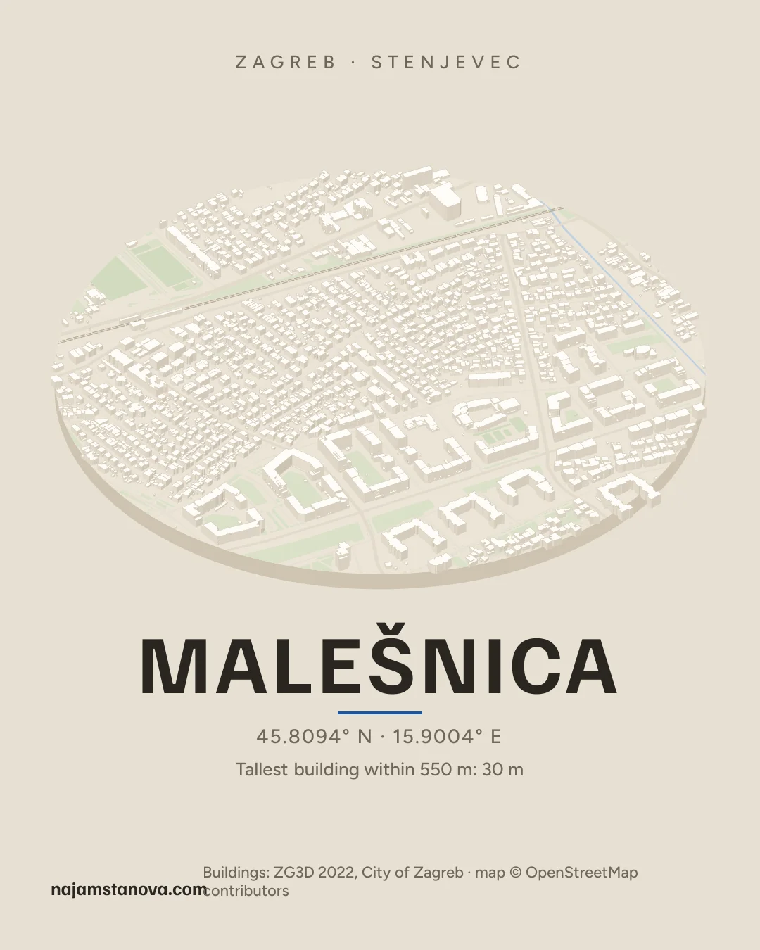 Map of Malešnica in the “Drone” style: buildings, streets, parks and water within 900 m