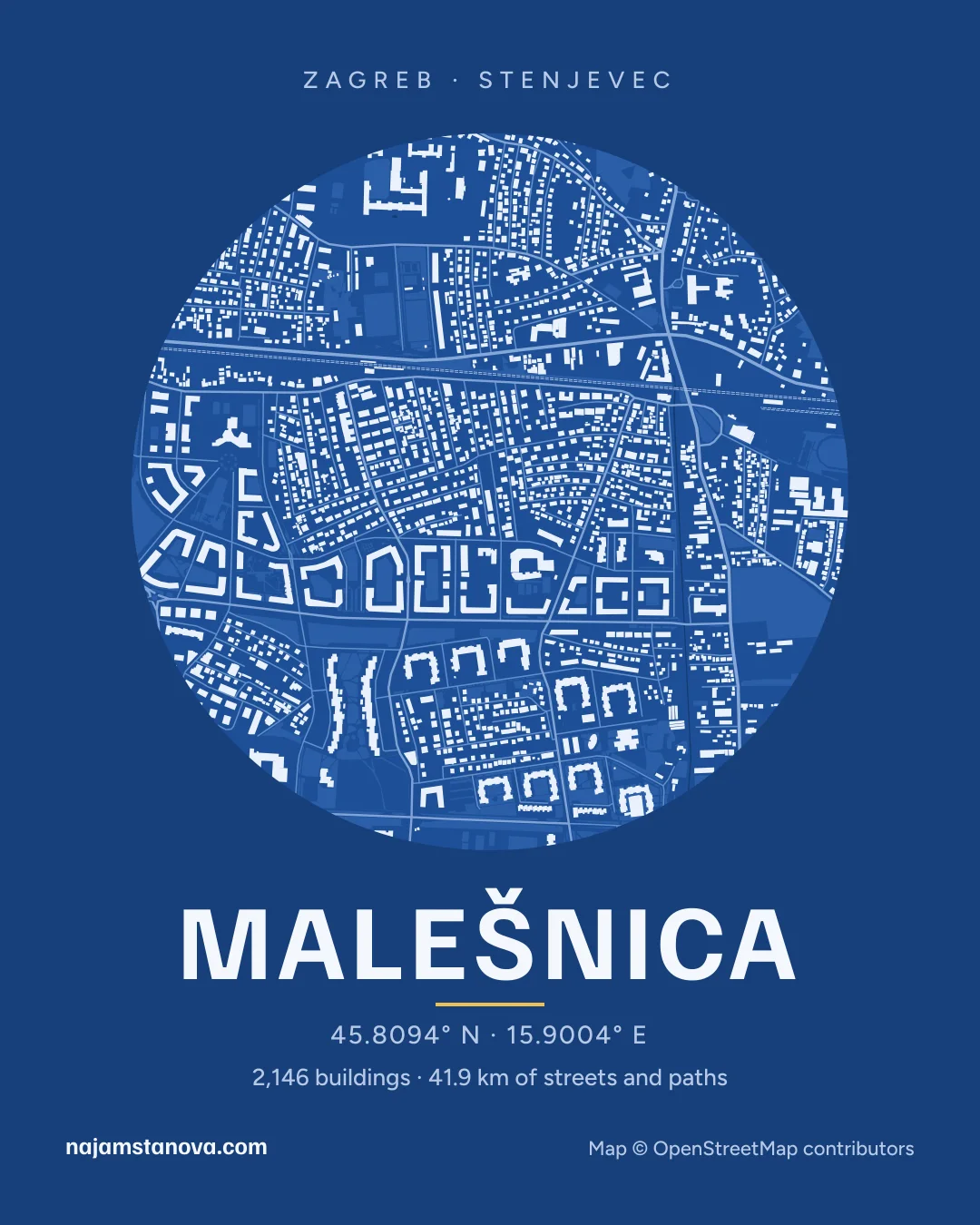 Map of Malešnica in the “Blueprint” style: buildings, streets, parks and water within 900 m