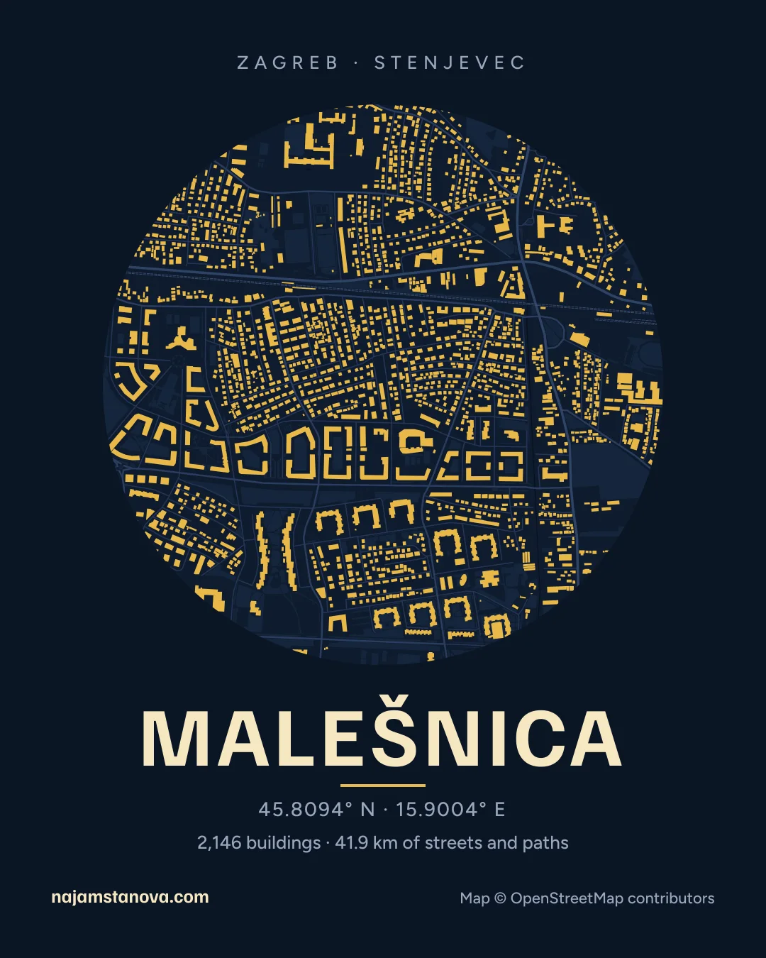 Map of Malešnica in the “Night” style: buildings, streets, parks and water within 900 m