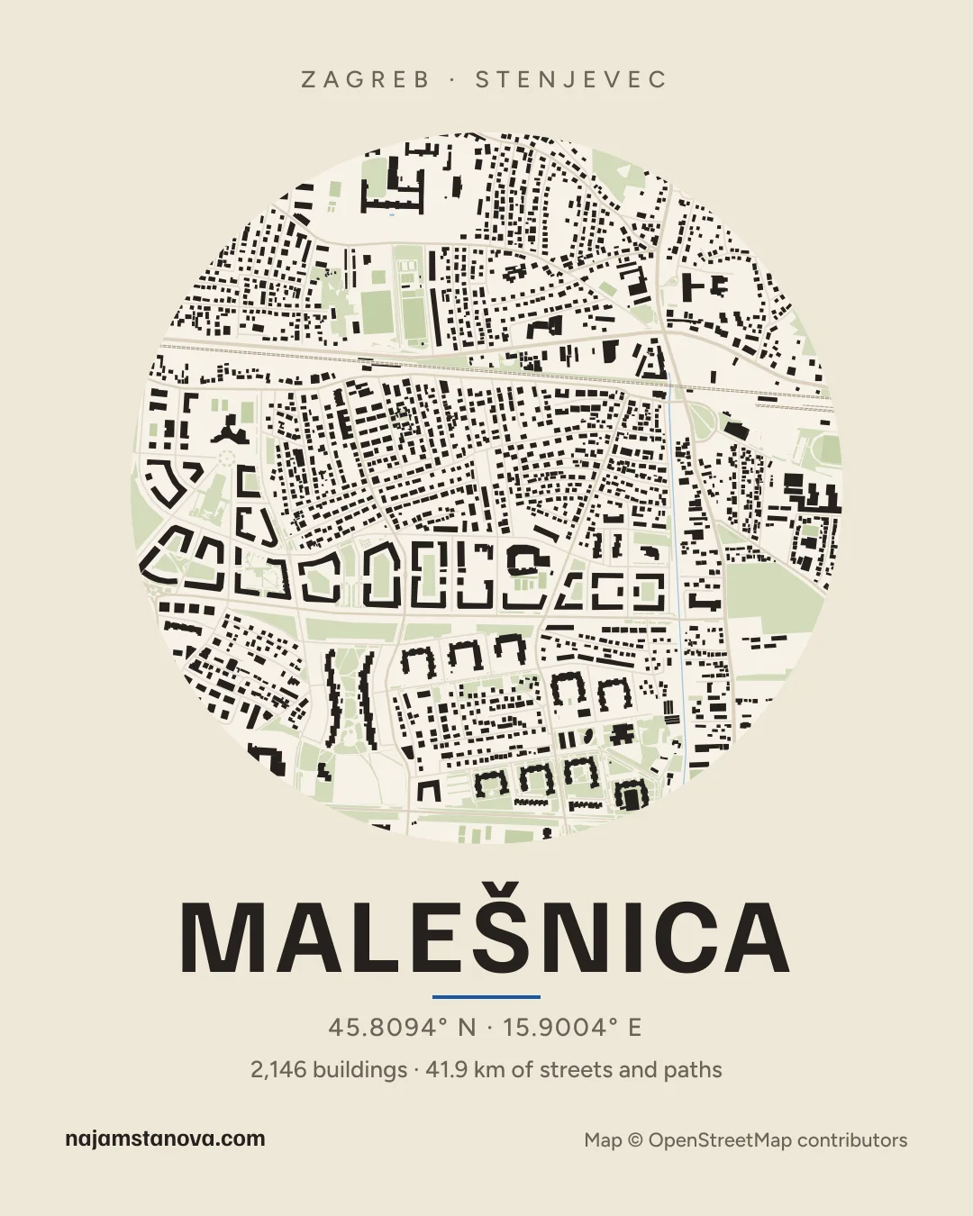 Map of Malešnica in the “Paper” style: buildings, streets, parks and water within 900 m