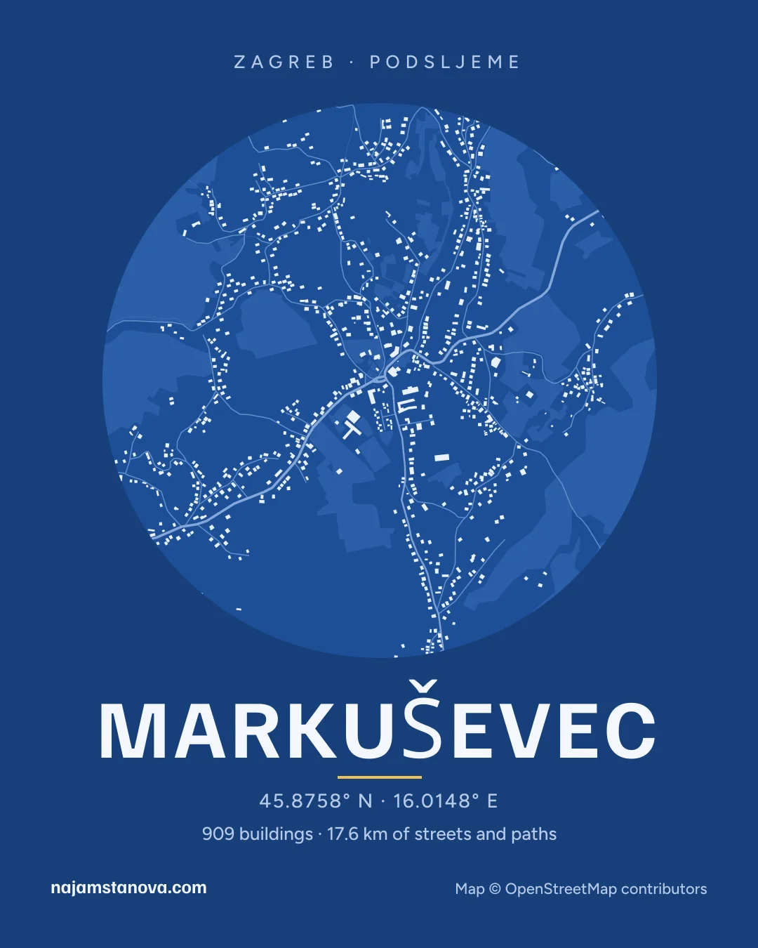Map of Markuševec in the “Blueprint” style: buildings, streets, parks and water within 900 m