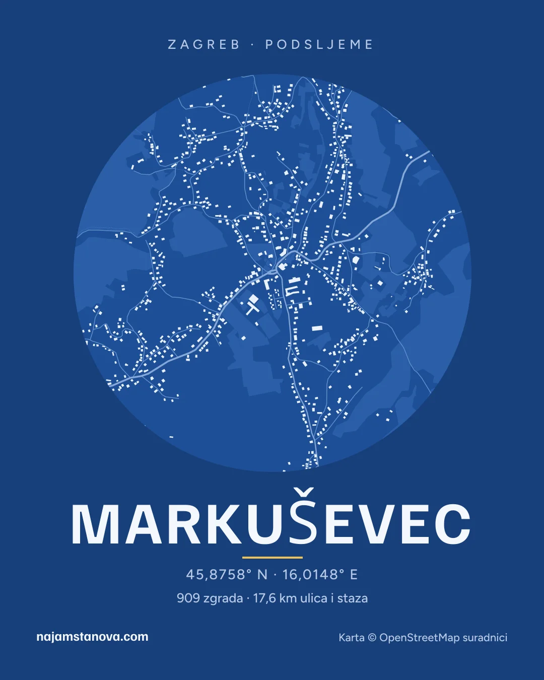Karta kvarta Markuševec u stilu „Nacrt”: zgrade, ulice, parkovi i vode u krugu od 900 m