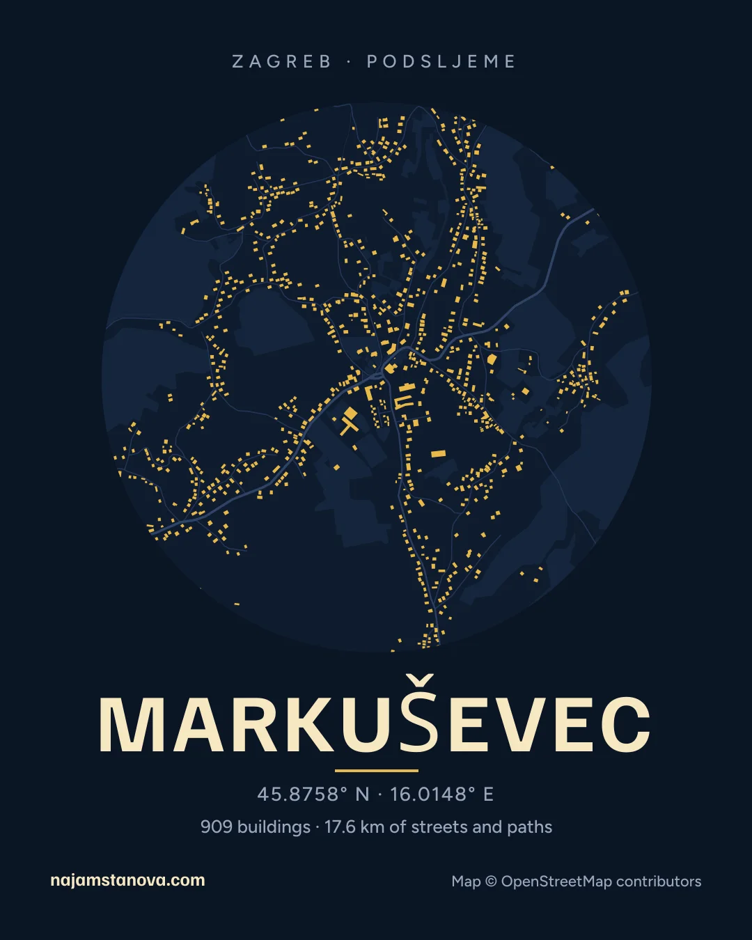 Map of Markuševec in the “Night” style: buildings, streets, parks and water within 900 m