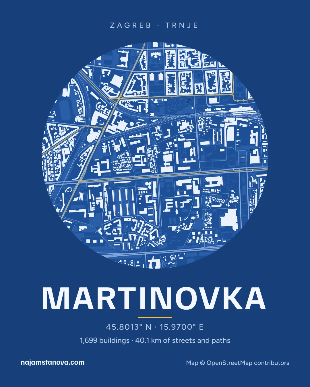 Map of Martinovka in the “Blueprint” style: buildings, streets, parks and water within 900 m