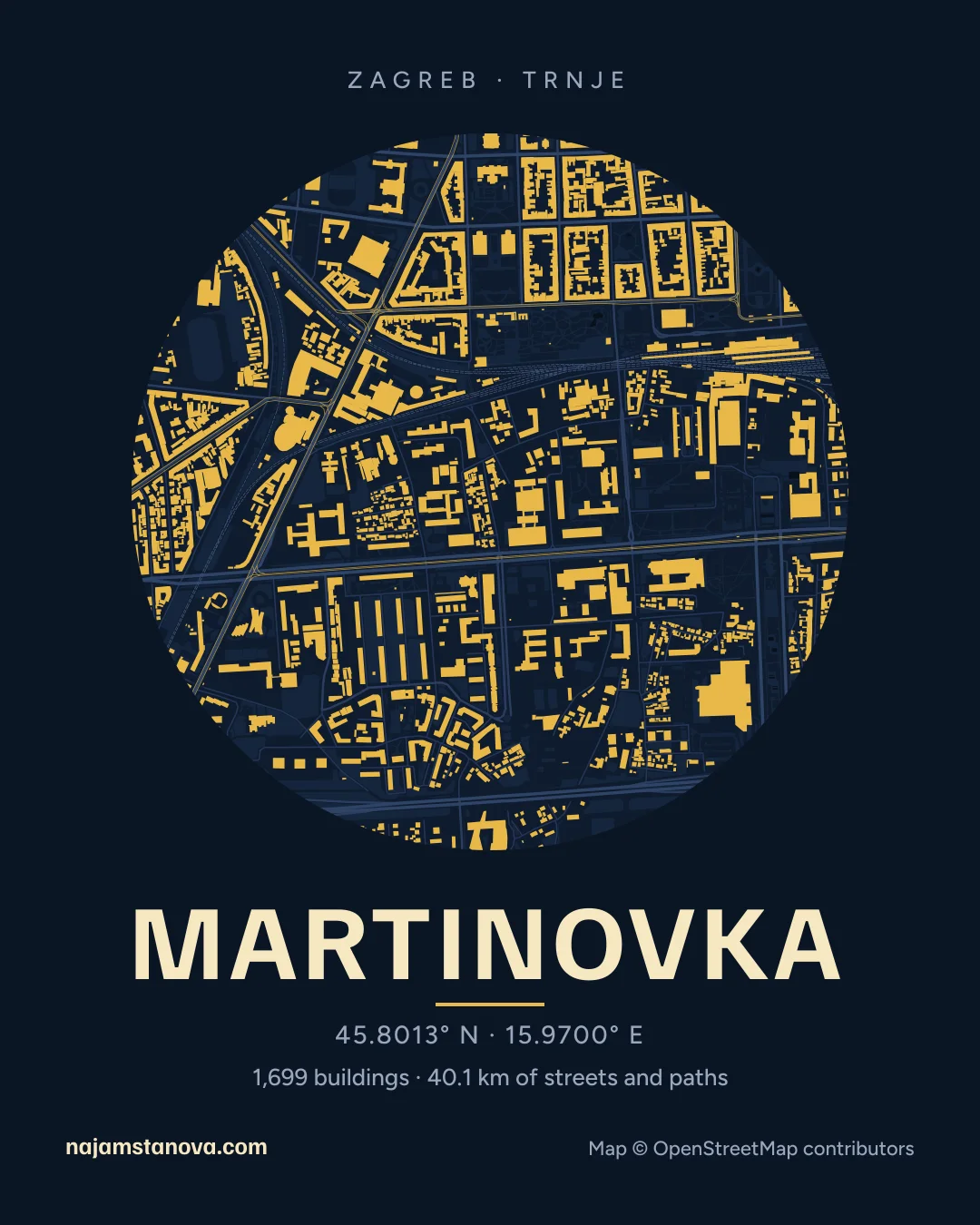 Map of Martinovka in the “Night” style: buildings, streets, parks and water within 900 m