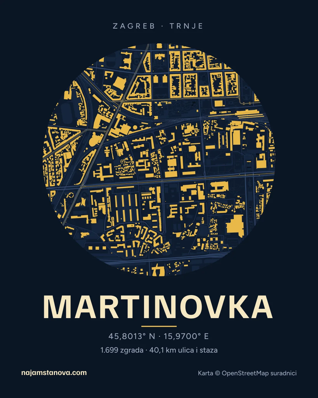 Karta kvarta Martinovka u stilu „Noć”: zgrade, ulice, parkovi i vode u krugu od 900 m