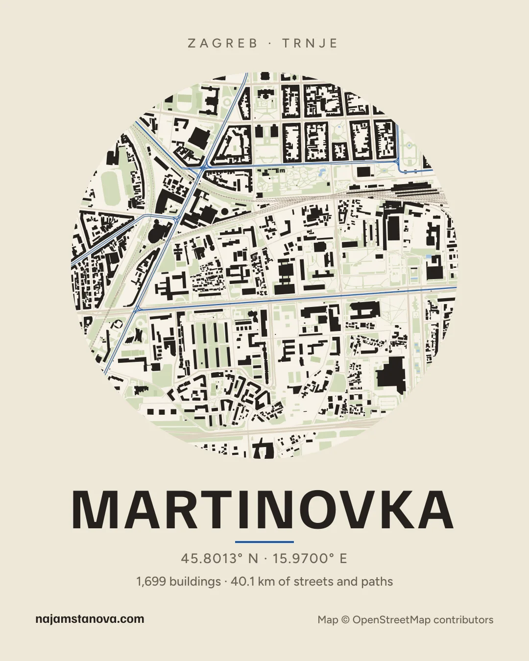 Map of Martinovka in the “Paper” style: buildings, streets, parks and water within 900 m