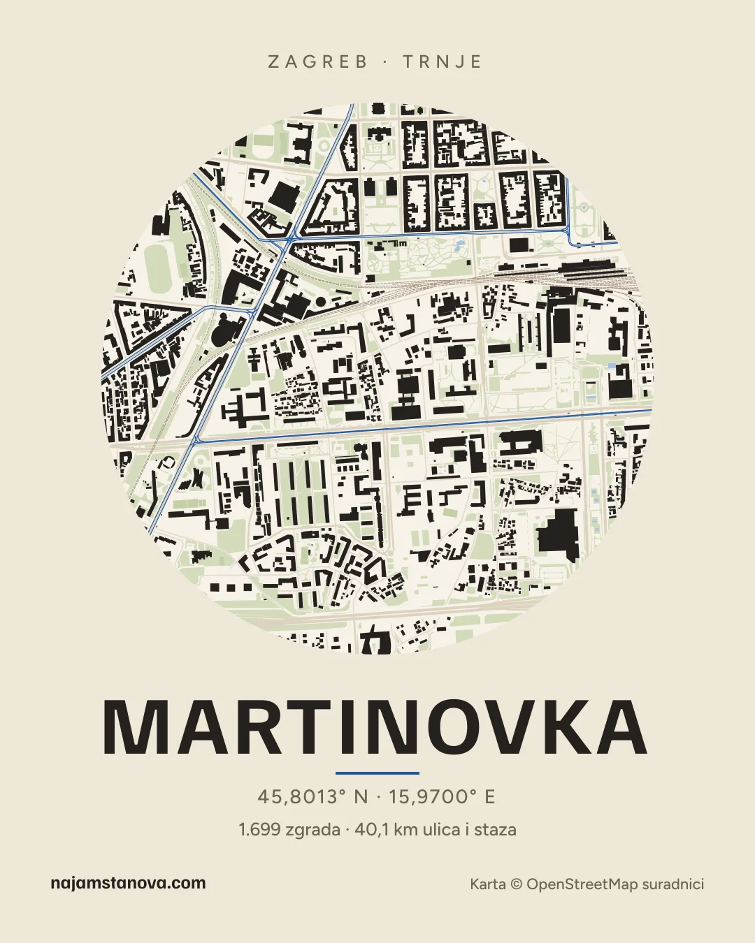 Karta kvarta Martinovka u stilu „Papir”: zgrade, ulice, parkovi i vode u krugu od 900 m