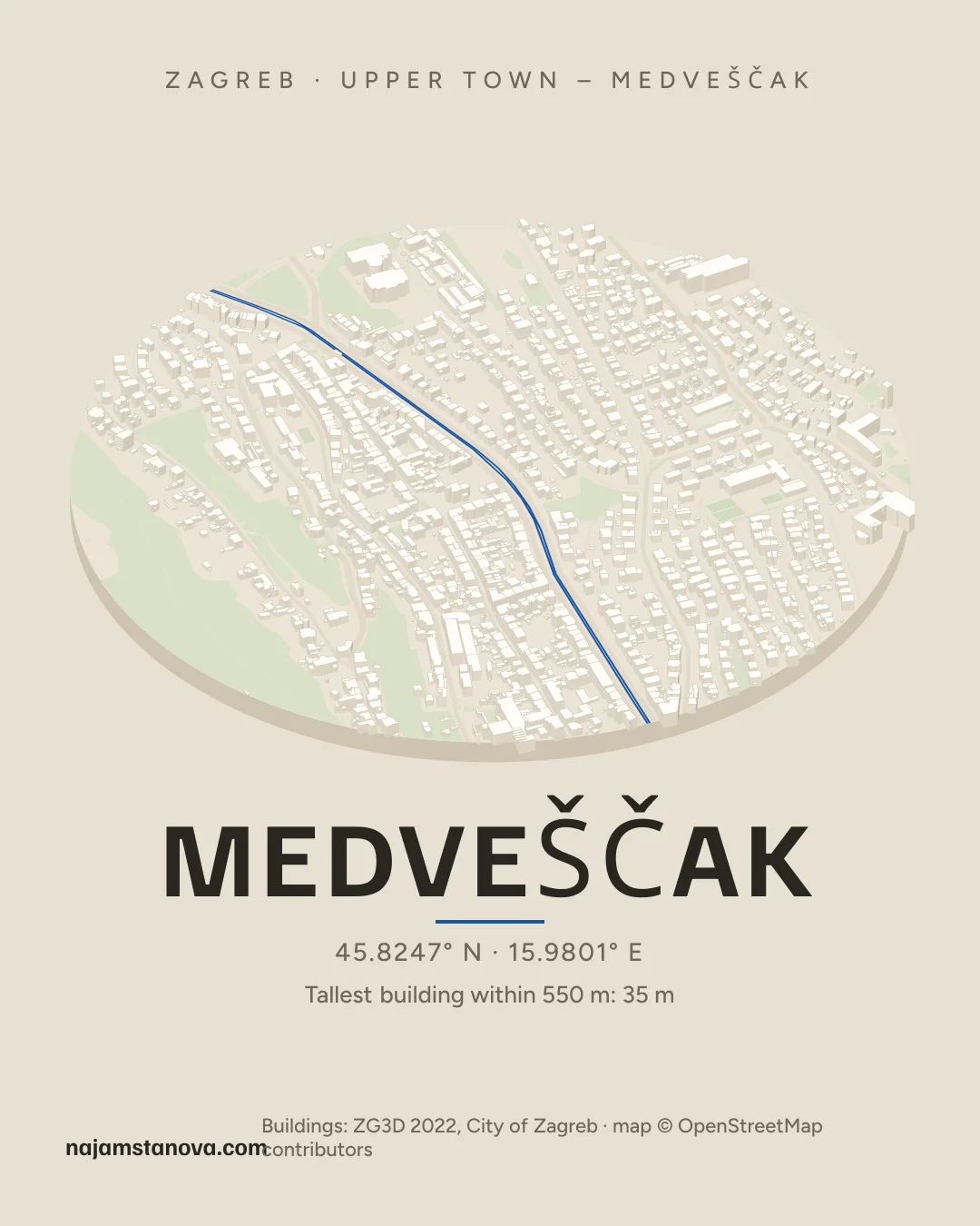 Map of Medveščak in the “Drone” style: buildings, streets, parks and water within 900 m