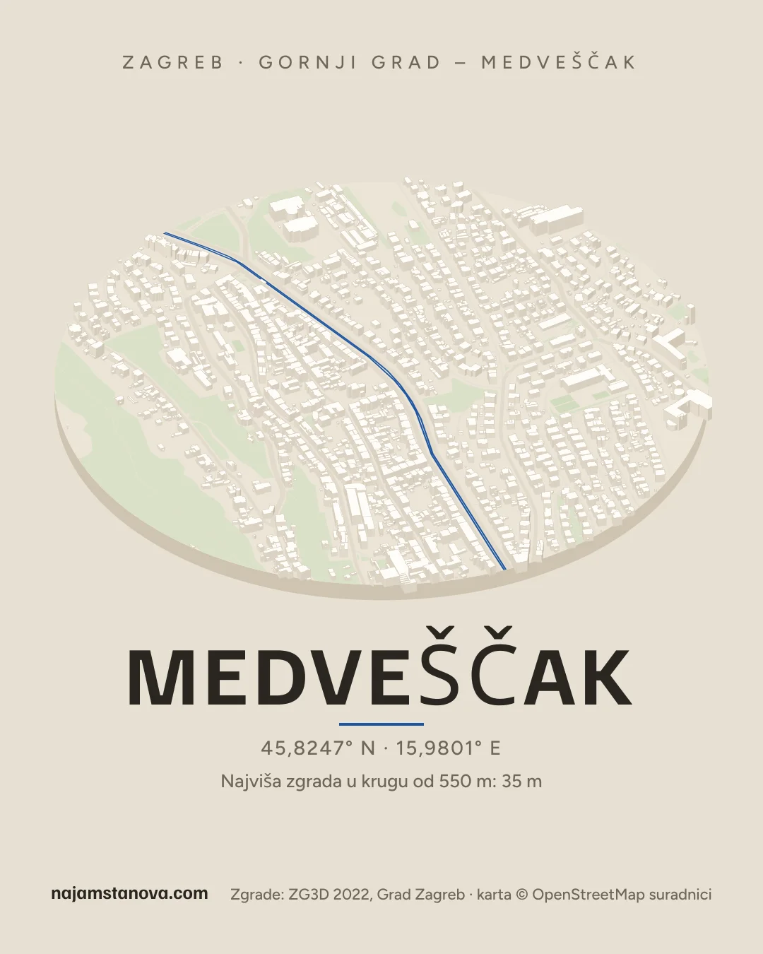 Karta kvarta Medveščak u stilu „Dron”: zgrade, ulice, parkovi i vode u krugu od 900 m