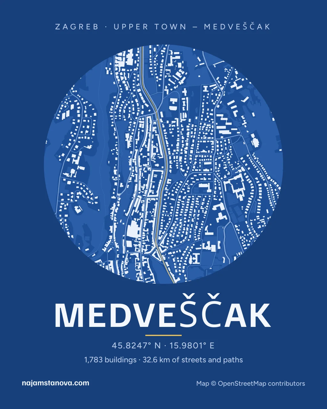 Map of Medveščak in the “Blueprint” style: buildings, streets, parks and water within 900 m